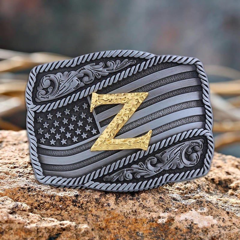 Fibbadet Store Western Cowboy Initial Letters A-Z American Flag Belt Buckle for Men Fathers Day Boyfriend Husband - Image 1